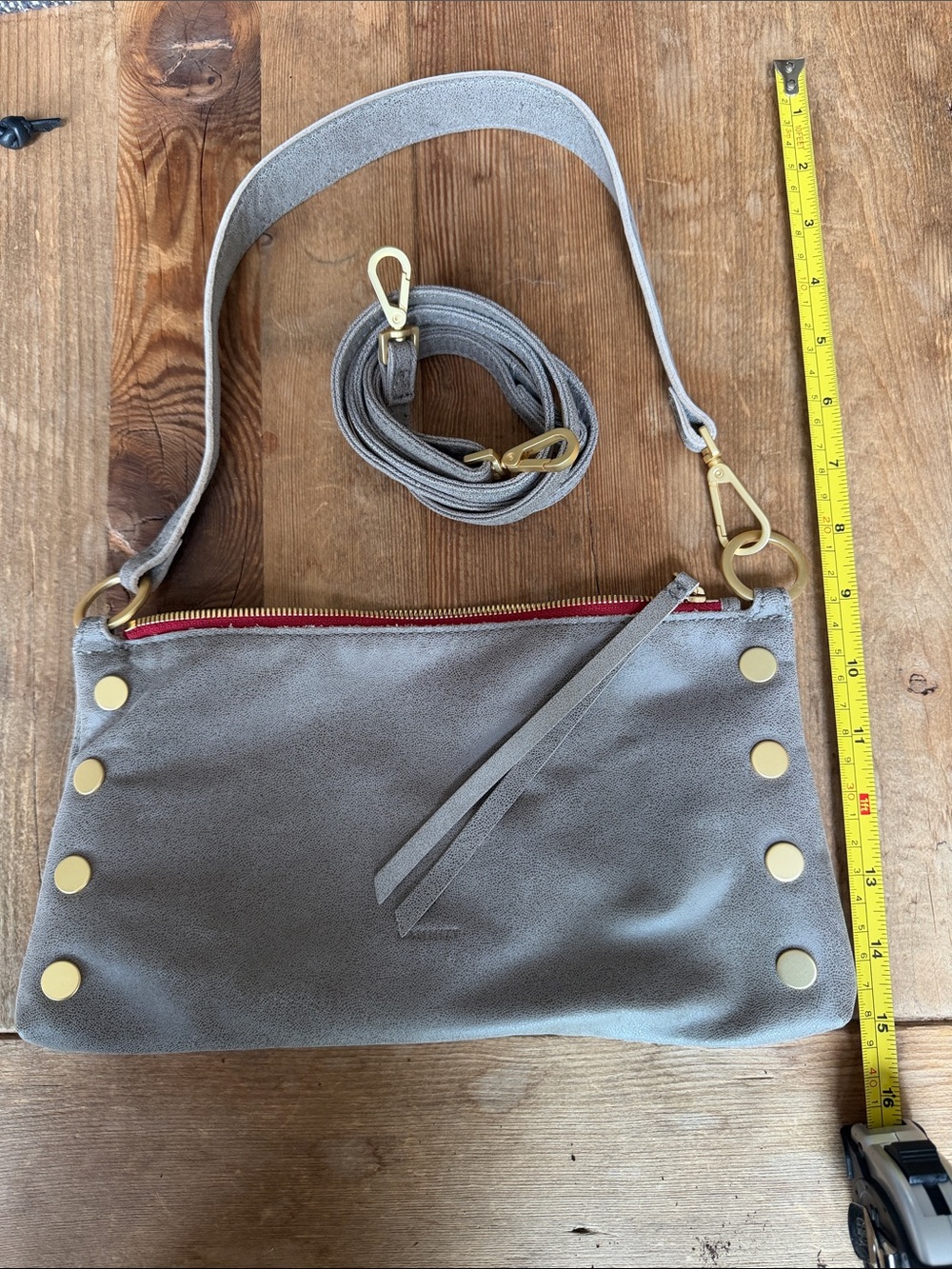Hammitt Light Gray Suede Crossbody with Gold Studs - Picture 3 of 10